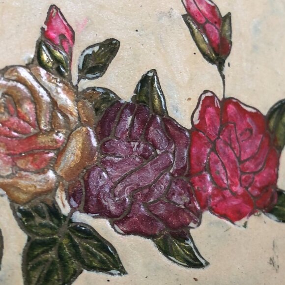 Vintage set of two floral brass and enamel plates - Picture 7 of 16